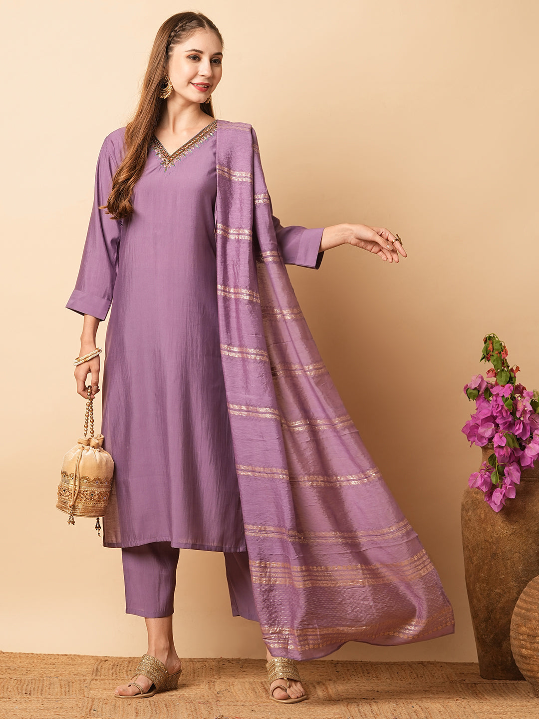 Solid Zardozi Embroidered kurta with Pants & Zari Jacquard Dupatta - Purple