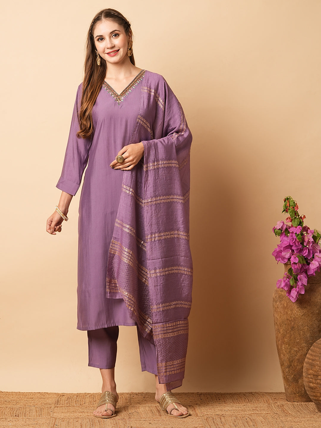 Solid Zardozi Embroidered kurta with Pants & Zari Jacquard Dupatta - Purple