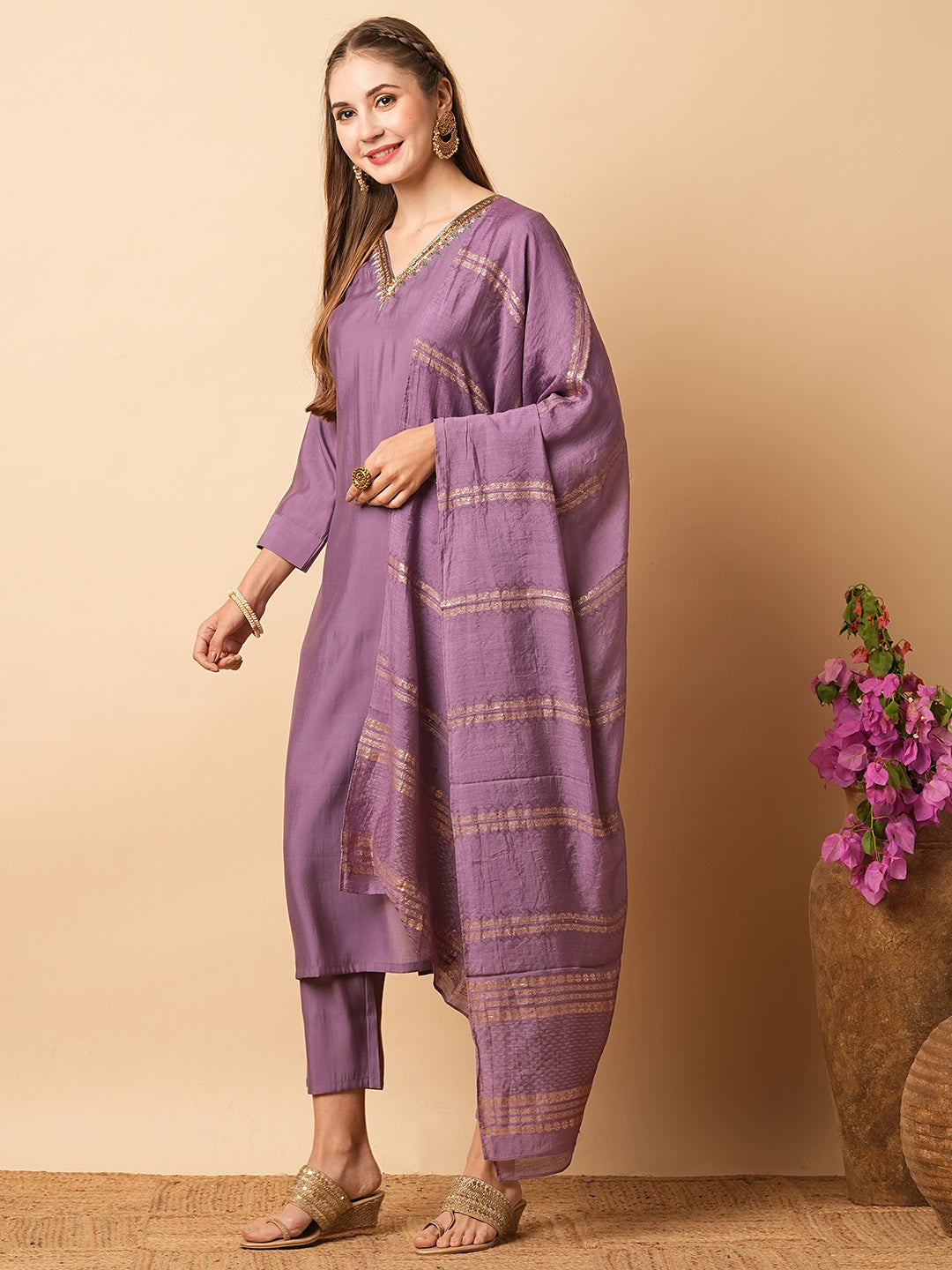 Solid Zardozi Embroidered kurta with Pants & Zari Jacquard Dupatta - Purple