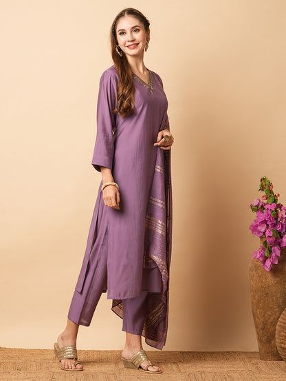 Solid Zardozi Embroidered kurta with Pants & Zari Jacquard Dupatta - Purple