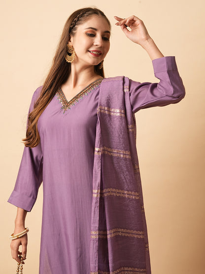 Solid Zardozi Embroidered kurta with Pants & Zari Jacquard Dupatta - Purple