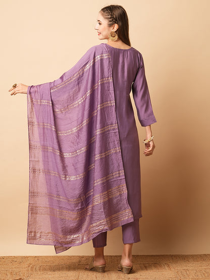 Solid Zardozi Embroidered kurta with Pants & Zari Jacquard Dupatta - Purple