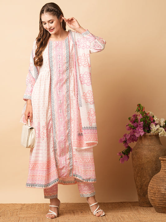 Abstract Printed Mirror Embroidered Flared Kurta with Pants & Dupatta - White & Pink