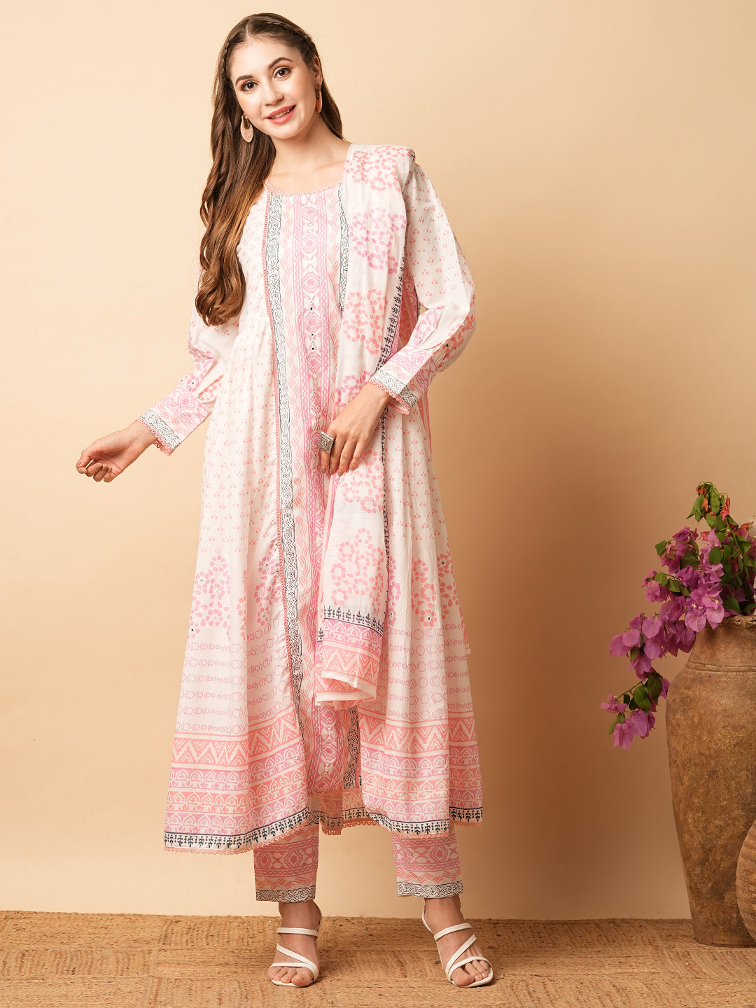 Abstract Printed Mirror Embroidered Flared Kurta with Pants & Dupatta - White & Pink