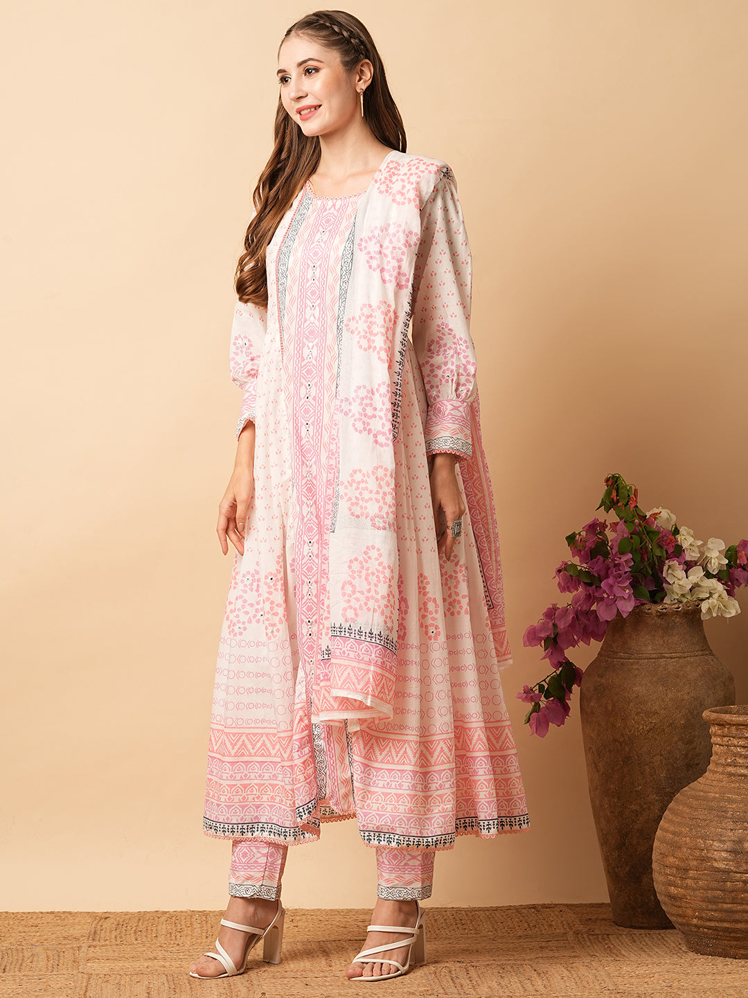 Abstract Printed Mirror Embroidered Flared Kurta with Pants & Dupatta - White & Pink