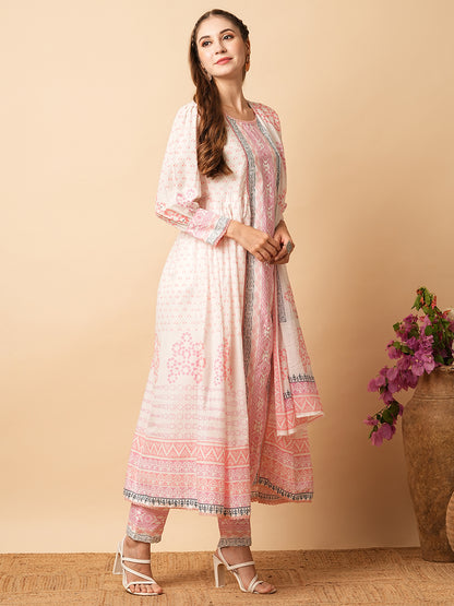 Abstract Printed Mirror Embroidered Flared Kurta with Pants & Dupatta - White & Pink