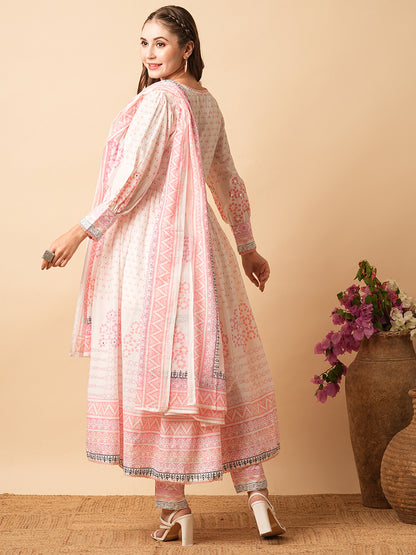 Abstract Printed Mirror Embroidered Flared Kurta with Pants & Dupatta - White & Pink