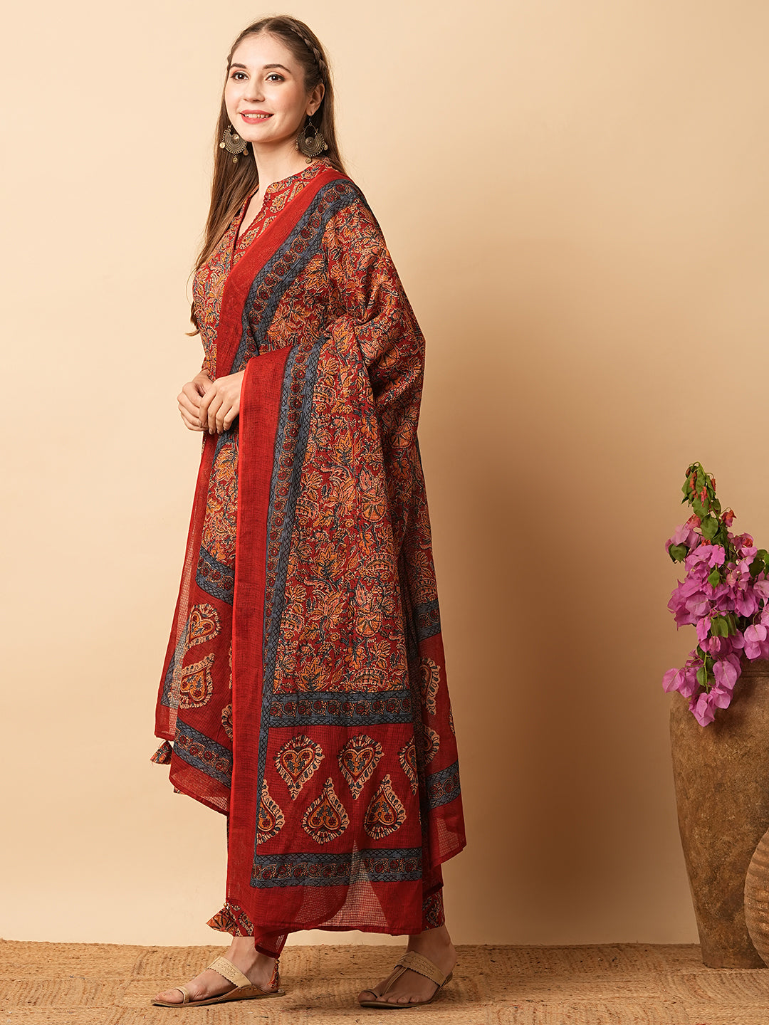 Ethnic Printed Angrakha Style Straight Kurta with Pant & Dupatta - Brown