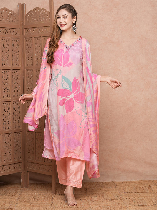 Floral Printed Mirror & Sequins Embroidered Kurta with Pants & Dupatta - Peach Pink