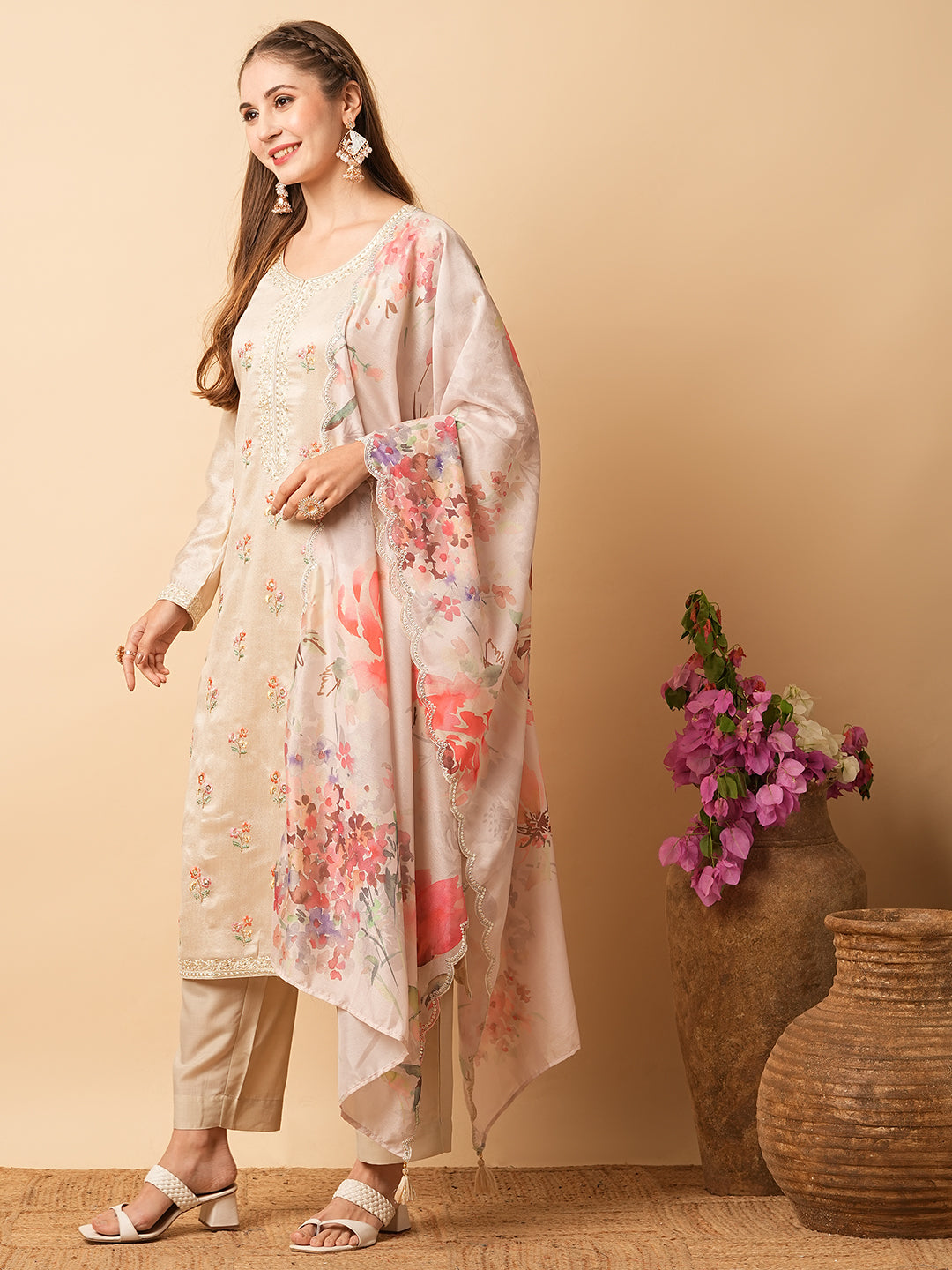 Solid Resham & Sequins Embroidered Kurta with Pants & Floral Dupatta - Beige