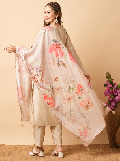 Solid Resham & Sequins Embroidered Kurta with Pants & Floral Dupatta - Beige