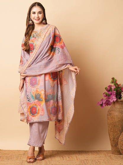 Floral Printed Mirror, Zari & Resham Embroidered Kurta with Pants & Dupatta - Lavender