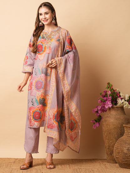 Floral Printed Mirror, Zari & Resham Embroidered Kurta with Pants & Dupatta - Lavender