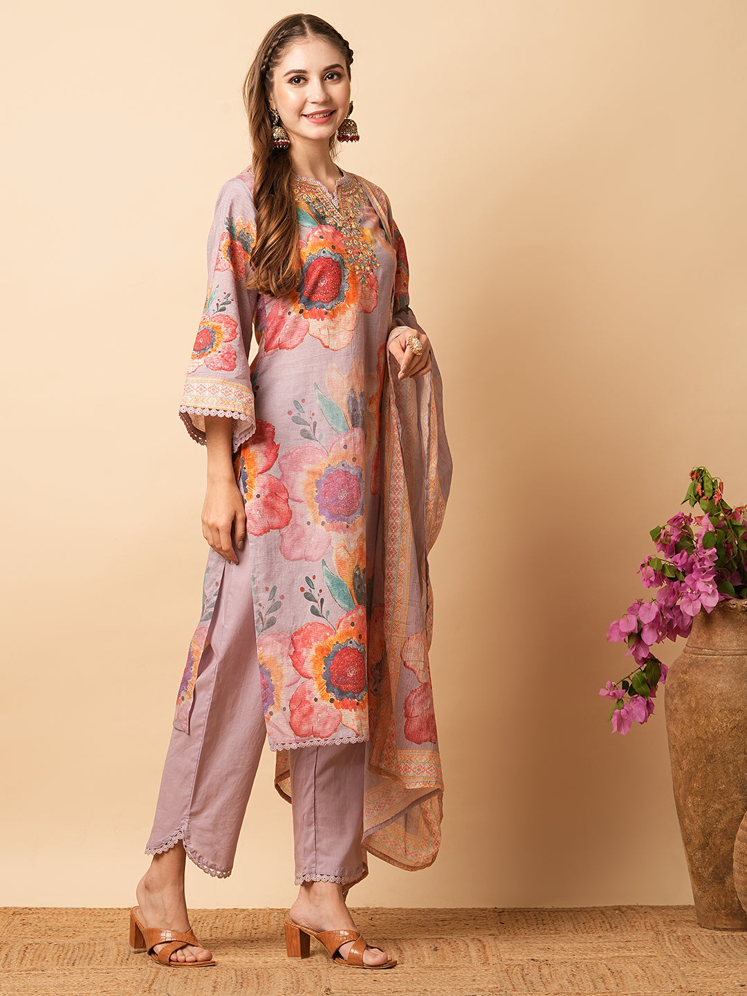 Floral Printed Mirror, Zari & Resham Embroidered Kurta with Pants & Dupatta - Lavender