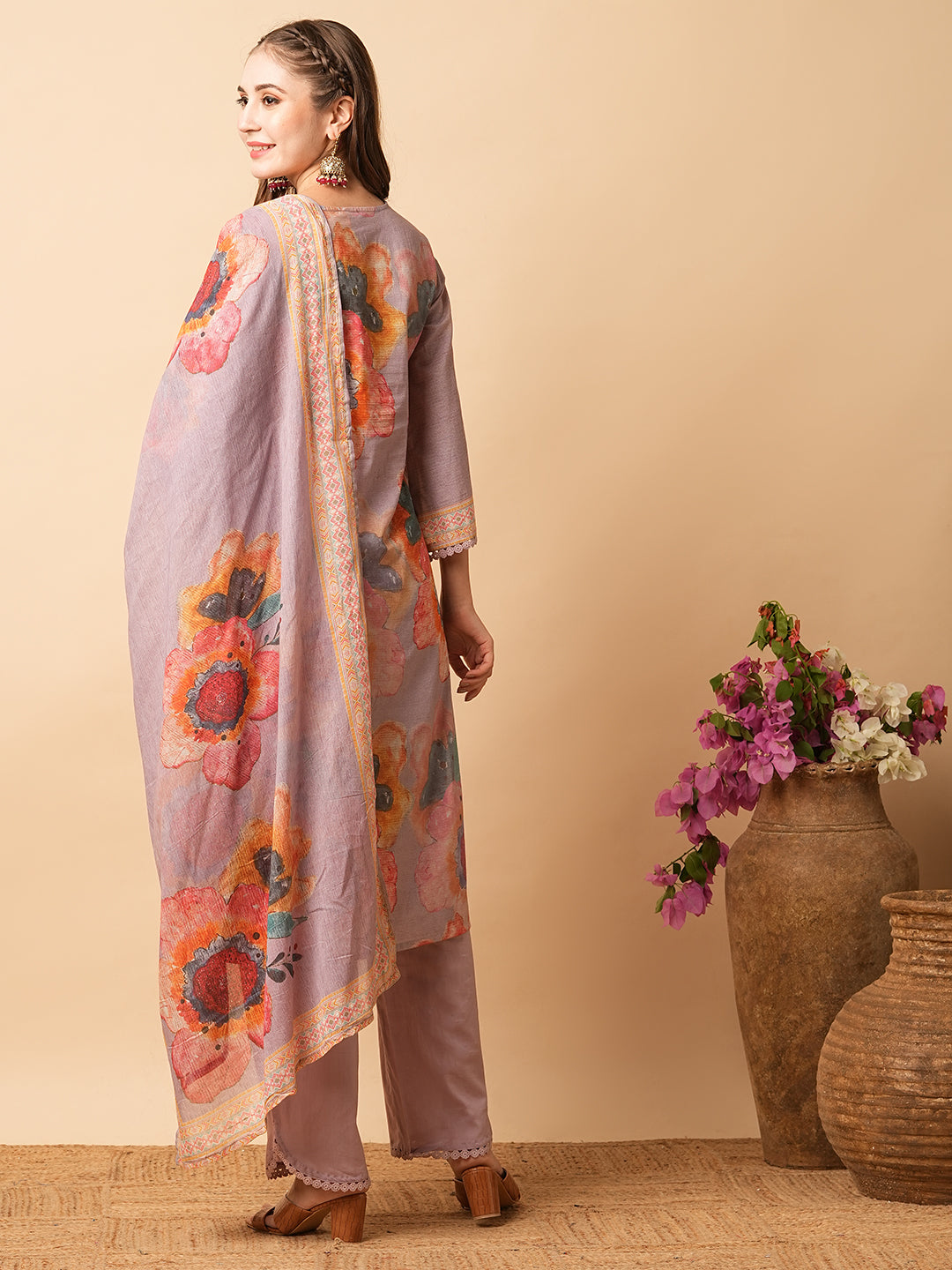 Floral Printed Mirror, Zari & Resham Embroidered Kurta with Pants & Dupatta - Lavender