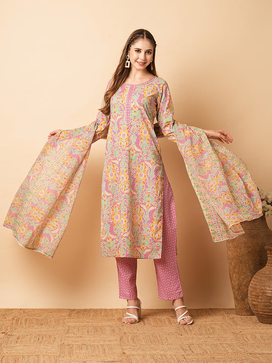 Floral Printed Zari Embroidered kurta with Pants & Dupatt - Multi
