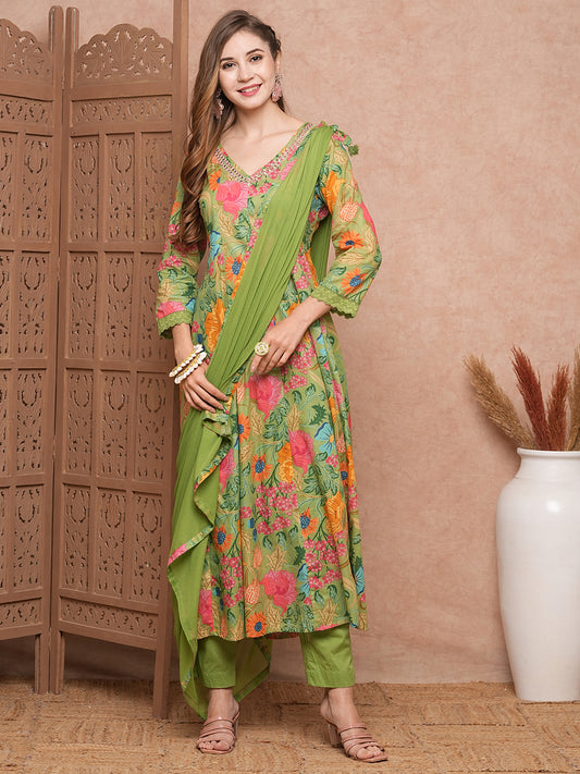Floral Printed Mirror Embroidered Anarkali Kurta with Pants & Dupatta - Lime Green