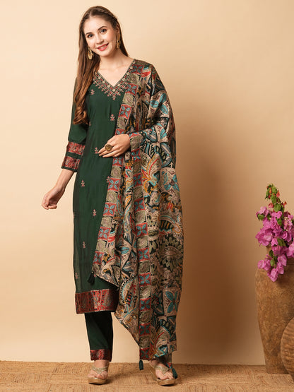 Solid Resham Embroidered Kurta with Pants & Printed Brasso Dupatta - Green