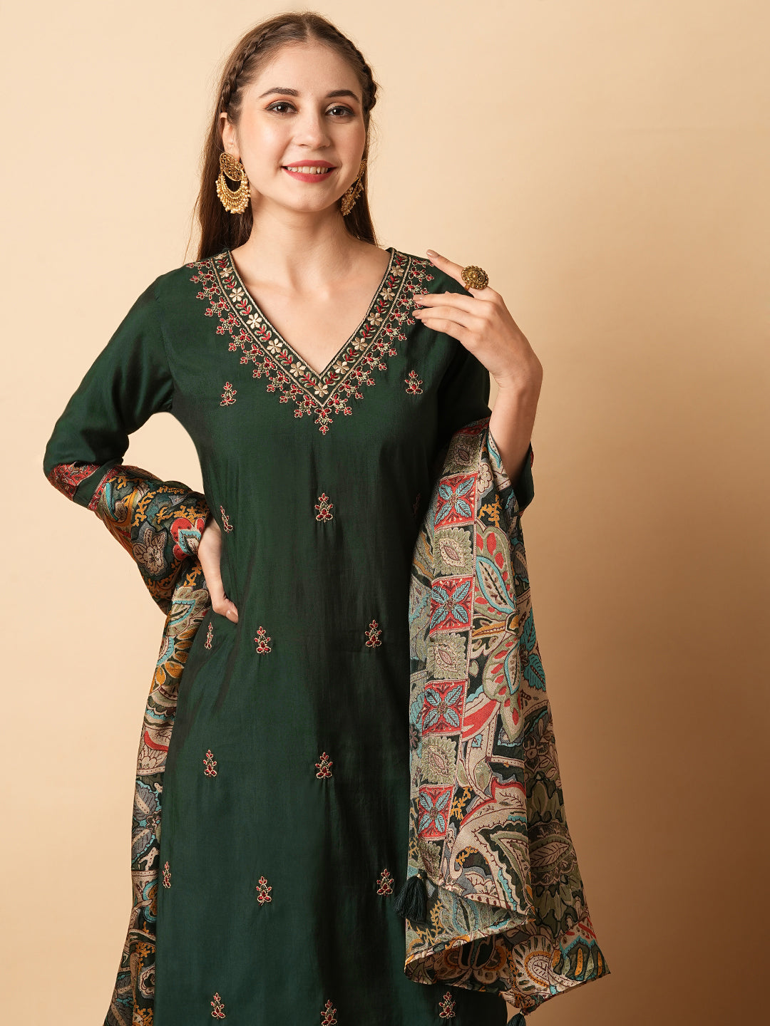 Solid Resham Embroidered Kurta with Pants & Printed Brasso Dupatta - Green