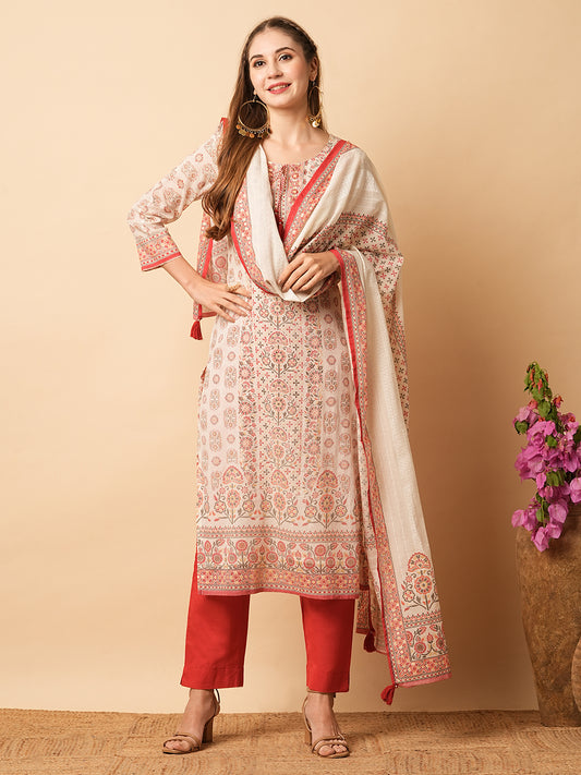 Ethnic Printed Mirror Embroidered Cotton Mul Kurta with Pants & Dupatta - off White