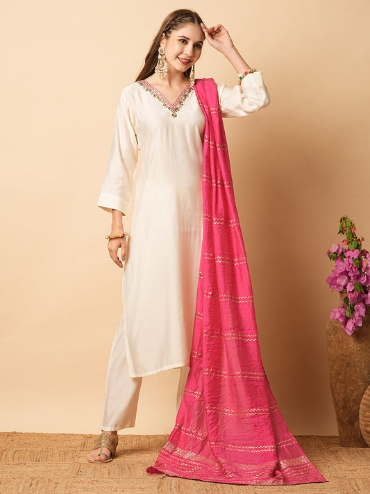 Solid Mirror & Zardozi Embroidered Kurta with Pants & Zari Jacquard Dupatta - off White