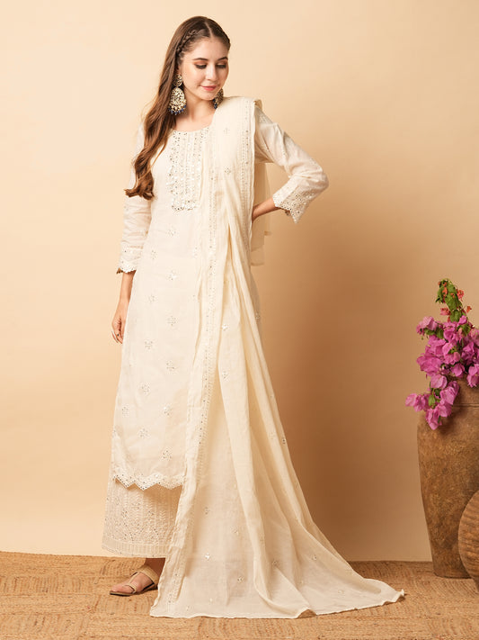 Solid Foil Mirror Embroidered Straight Kurta with Pant & Dupatta - Off White