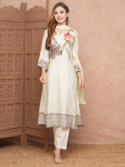 Floral Printed Mirror & Beads Embroidered Kurta with Pants & Dupatta - Off White