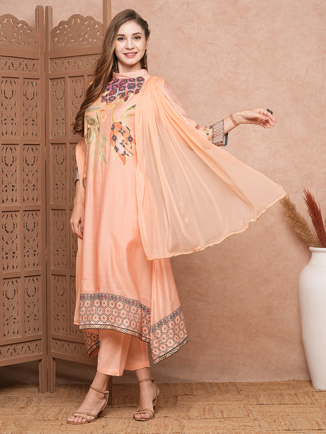 Floral Printed Mirror & Beads Embroidered A-line Kurta with Pants & Dupatta - Peach