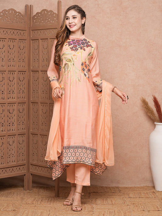 Floral Printed Mirror & Beads Embroidered A-line Kurta with Pants & Dupatta - Peach