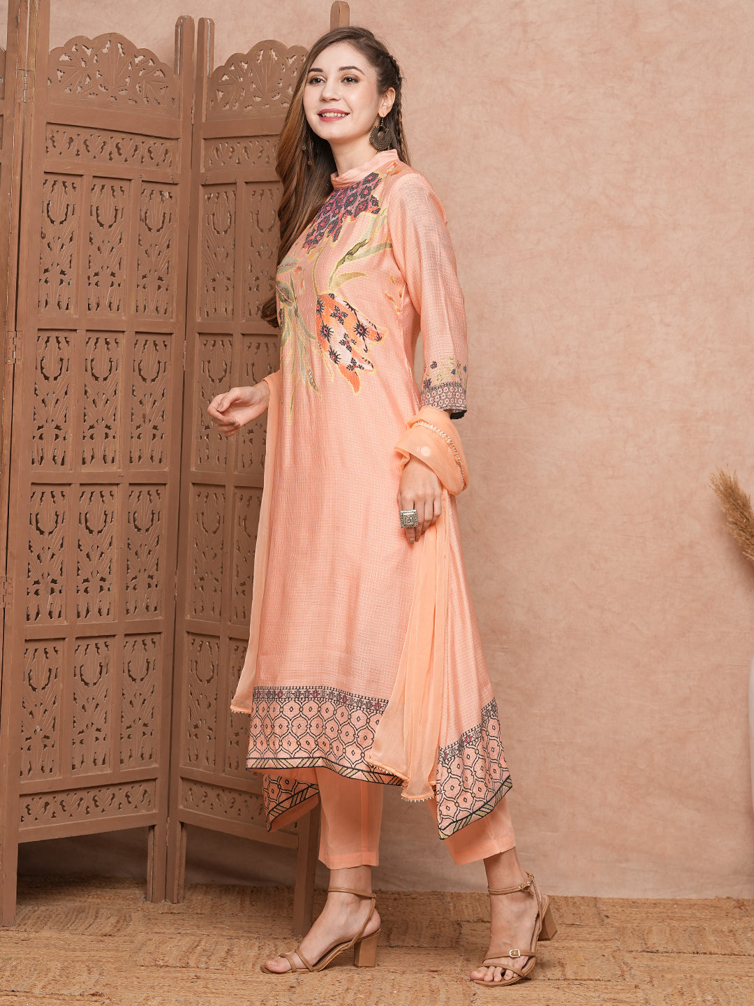 Floral Printed Mirror & Beads Embroidered A-line Kurta with Pants & Dupatta - Peach