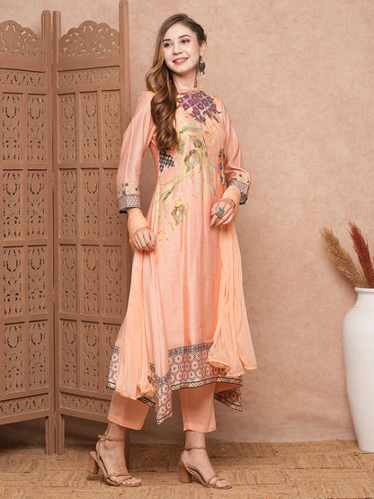 Floral Printed Mirror & Beads Embroidered A-line Kurta with Pants & Dupatta - Peach