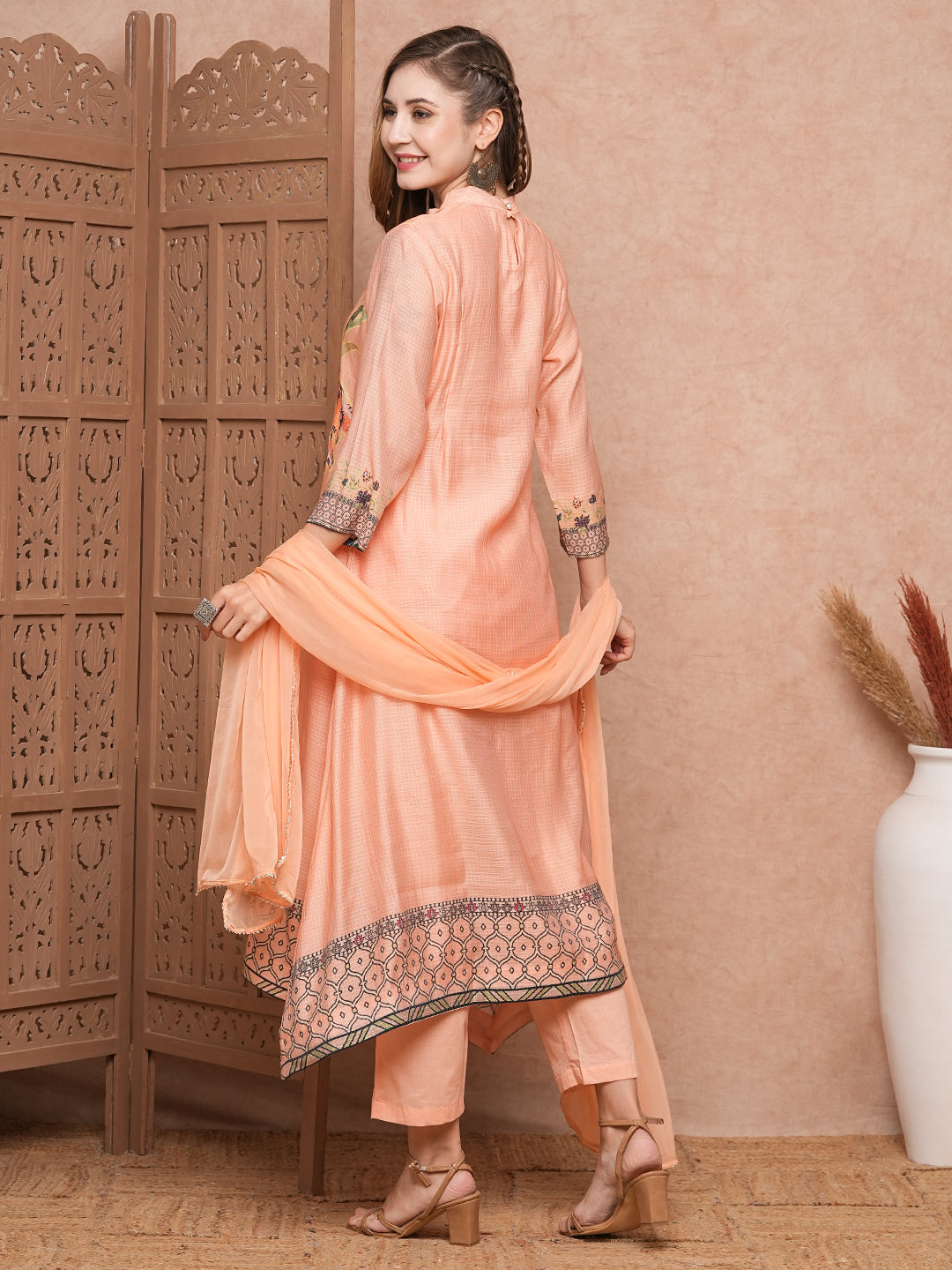 Floral Printed Mirror & Beads Embroidered A-line Kurta with Pants & Dupatta - Peach