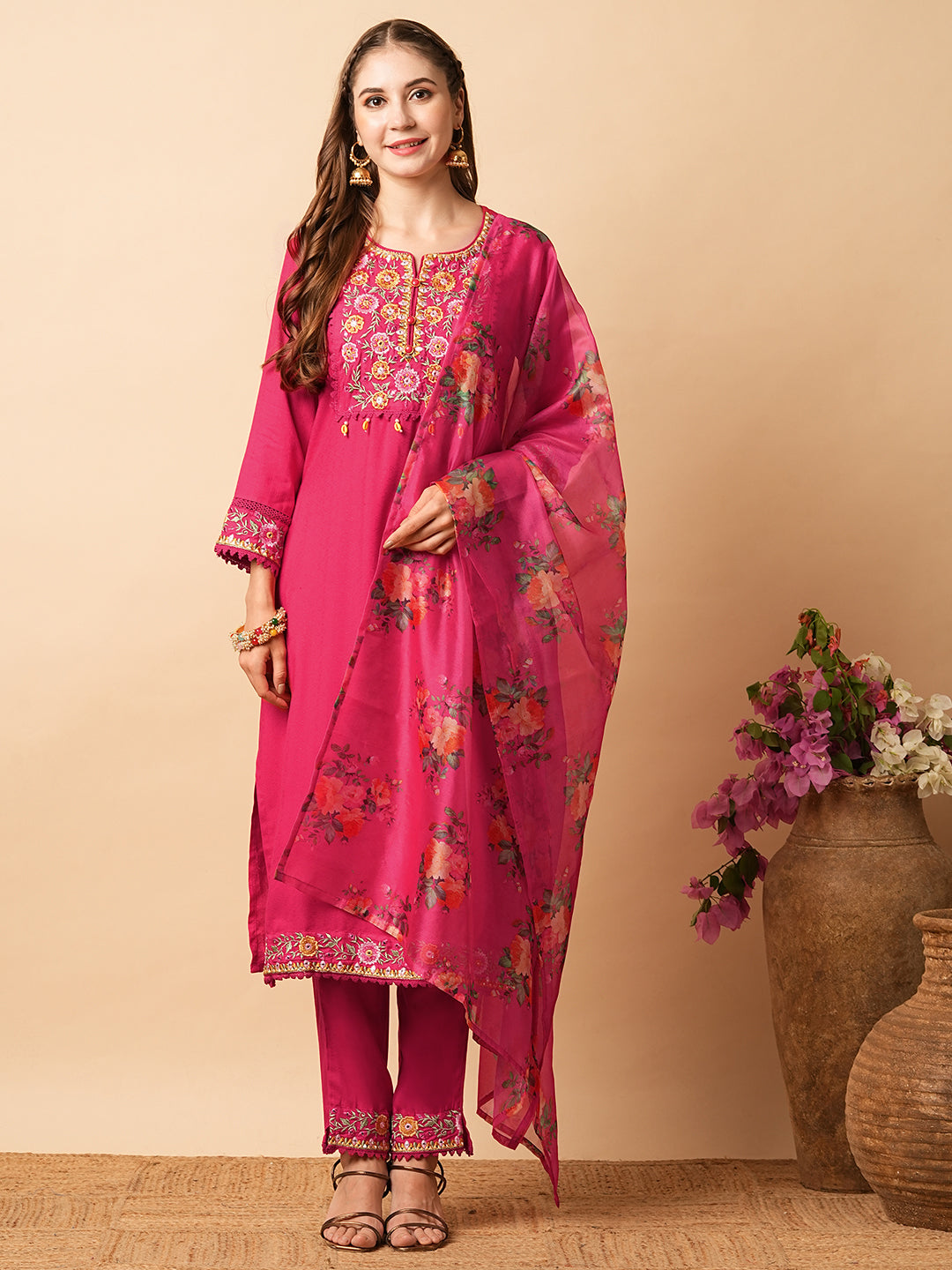 Solid Ethnic Woven & Embroidered Straight Kurta with Pant & Floral Dupatta - Pink