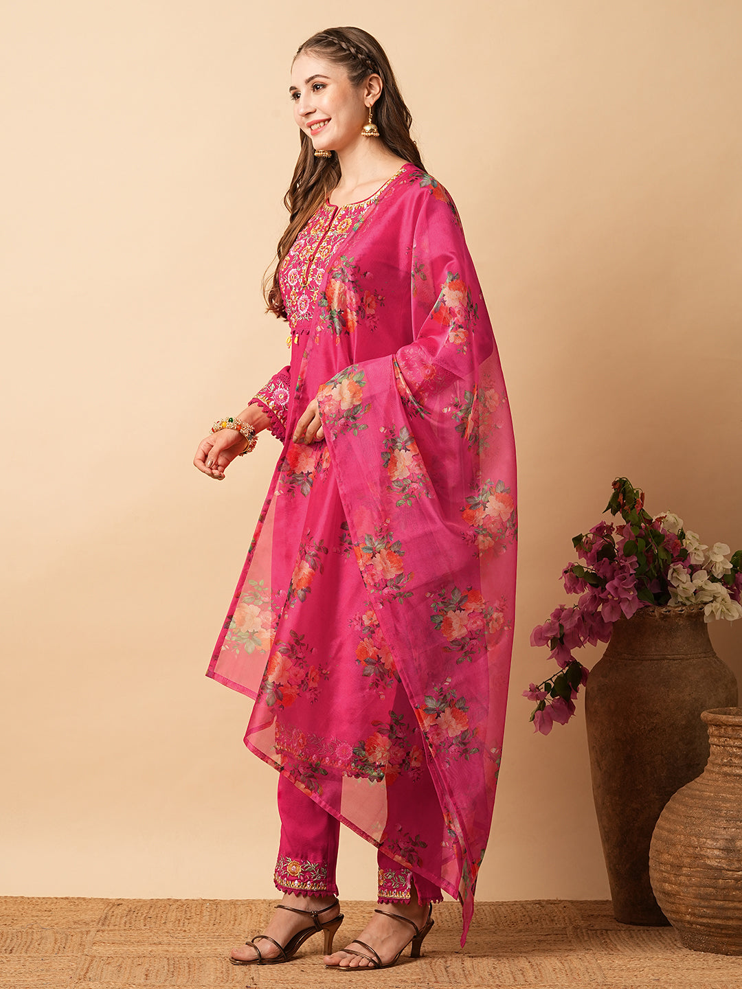 Solid Ethnic Woven & Embroidered Straight Kurta with Pant & Floral Dupatta - Pink