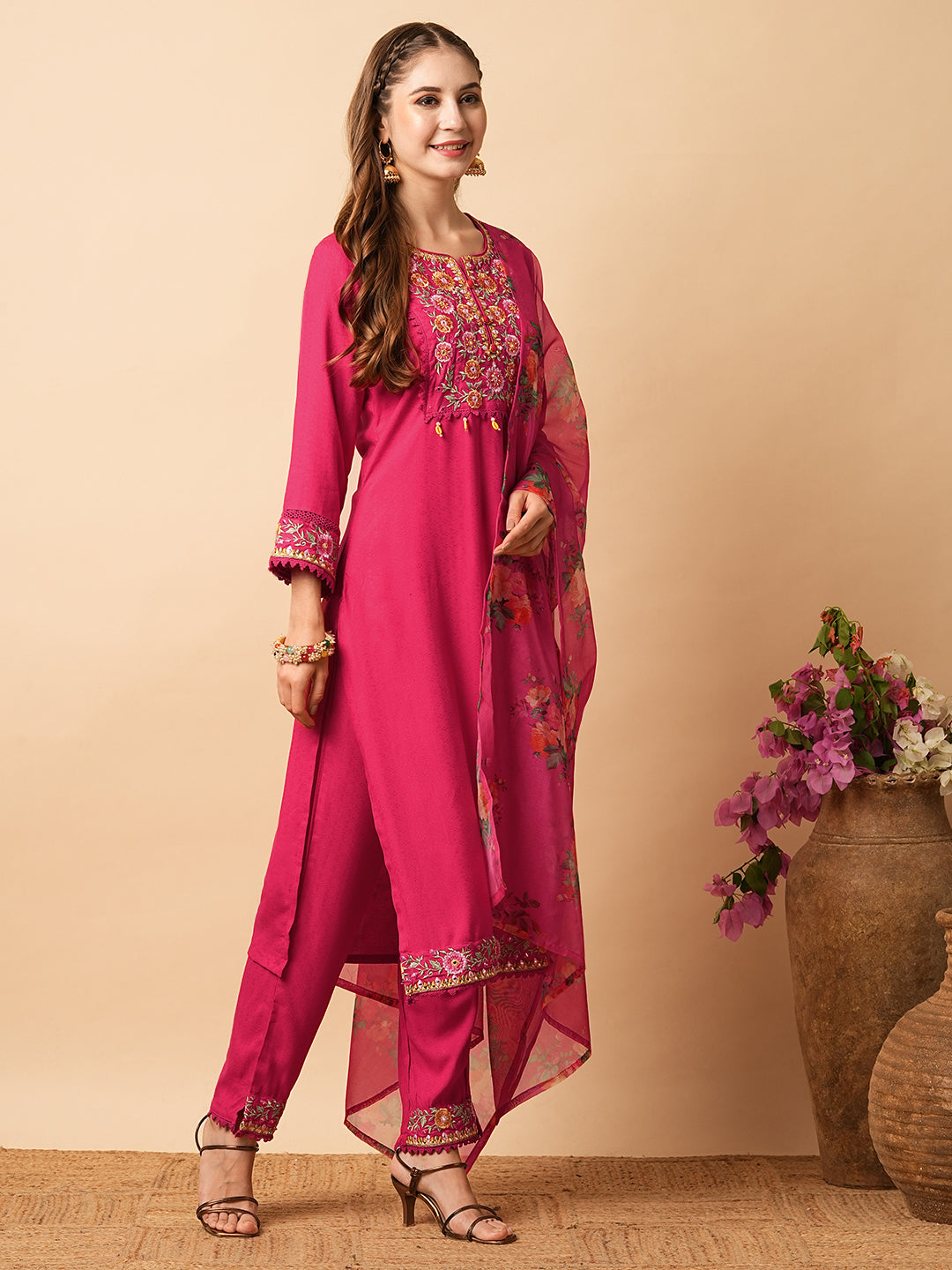 Solid Ethnic Woven & Embroidered Straight Kurta with Pant & Floral Dupatta - Pink