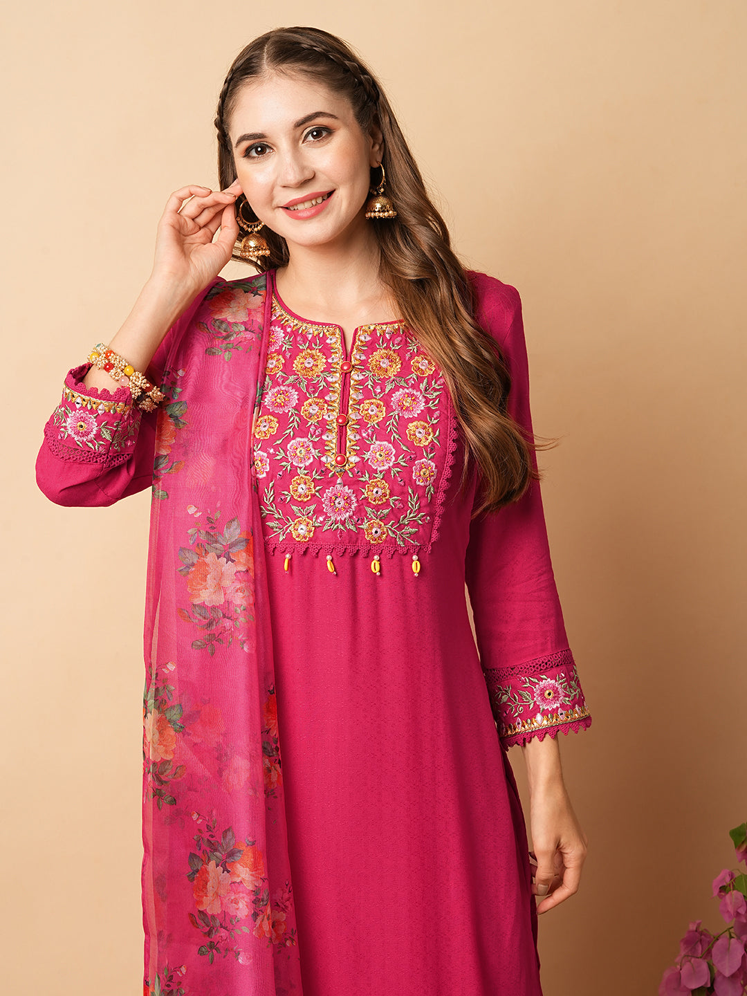 Solid Ethnic Woven & Embroidered Straight Kurta with Pant & Floral Dupatta - Pink