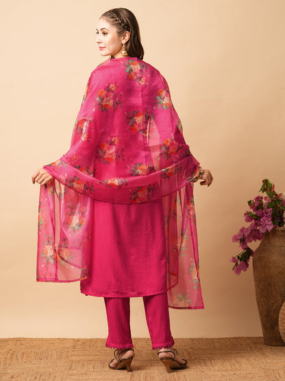 Solid Ethnic Woven & Embroidered Straight Kurta with Pant & Floral Dupatta - Pink