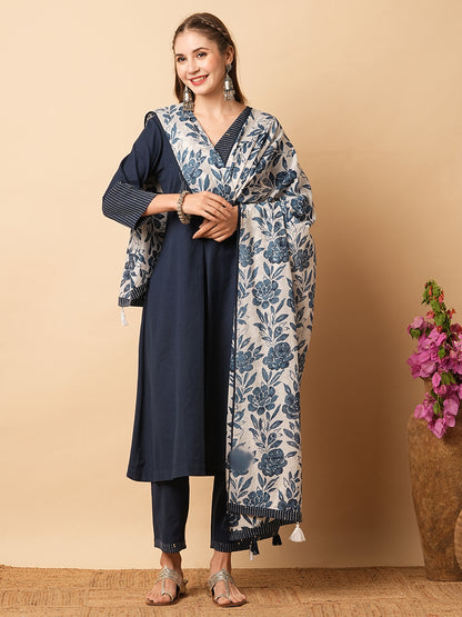 Solid Kantha Embroidered A-Line Kurta with Pant & Floral Printed Dupatta - Blue