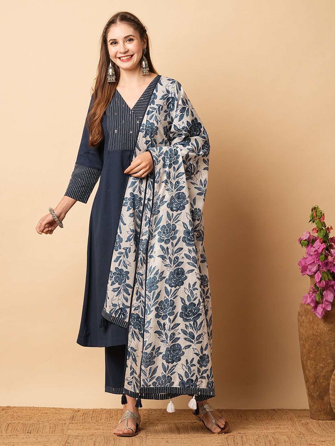 Solid Kantha Embroidered A-Line Kurta with Pant & Floral Printed Dupatta - Blue