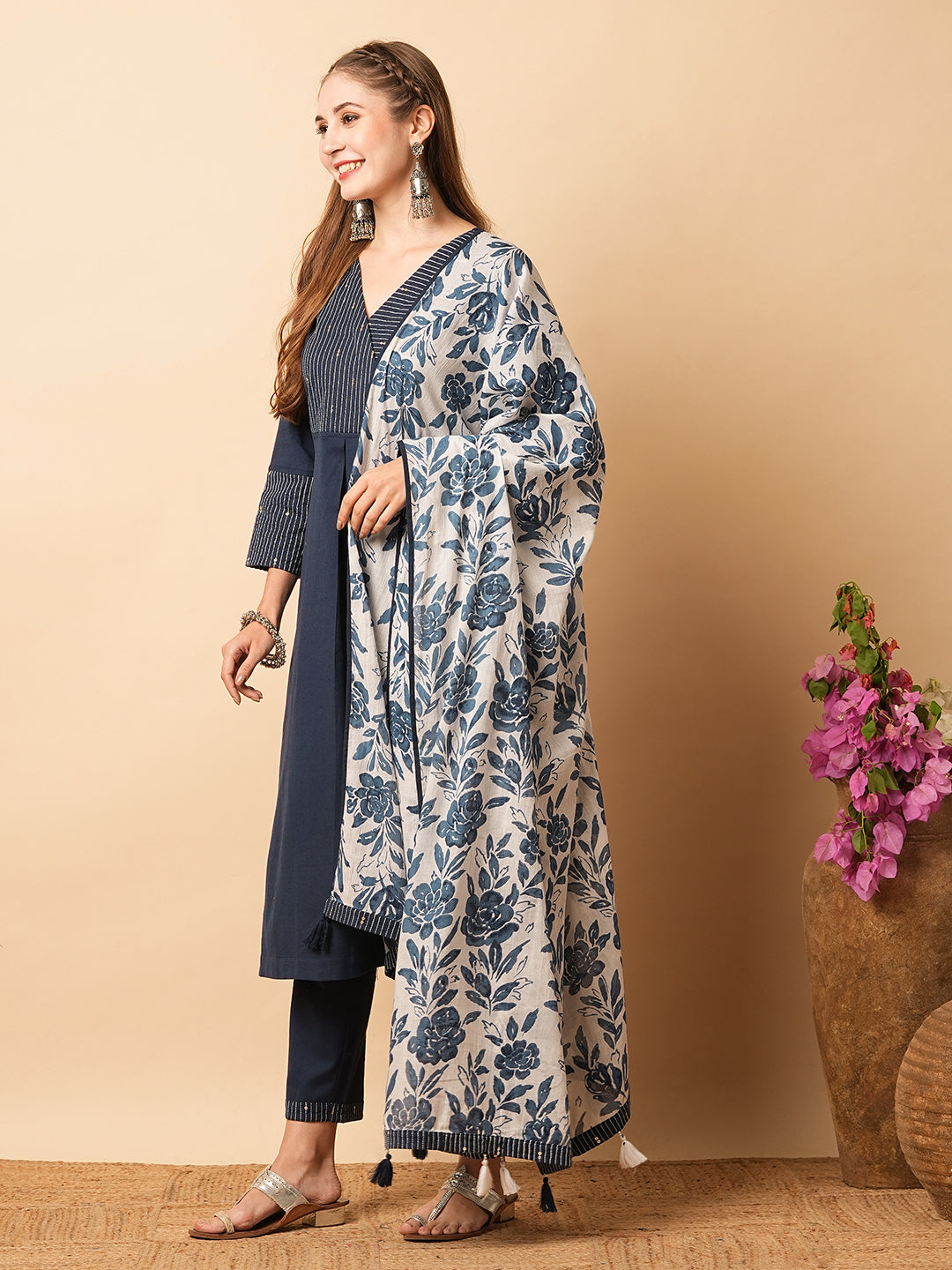 Solid Kantha Embroidered A-Line Kurta with Pant & Floral Printed Dupatta - Blue