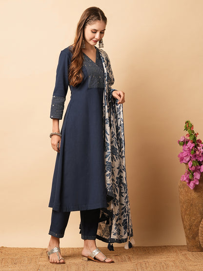 Solid Kantha Embroidered A-Line Kurta with Pant & Floral Printed Dupatta - Blue