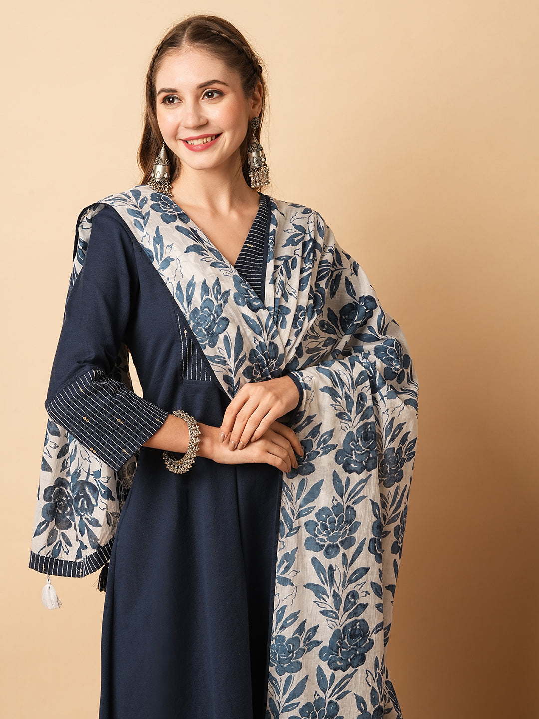 Solid Kantha Embroidered A-Line Kurta with Pant & Floral Printed Dupatta - Blue