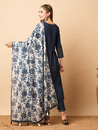 Solid Kantha Embroidered A-Line Kurta with Pant & Floral Printed Dupatta - Blue