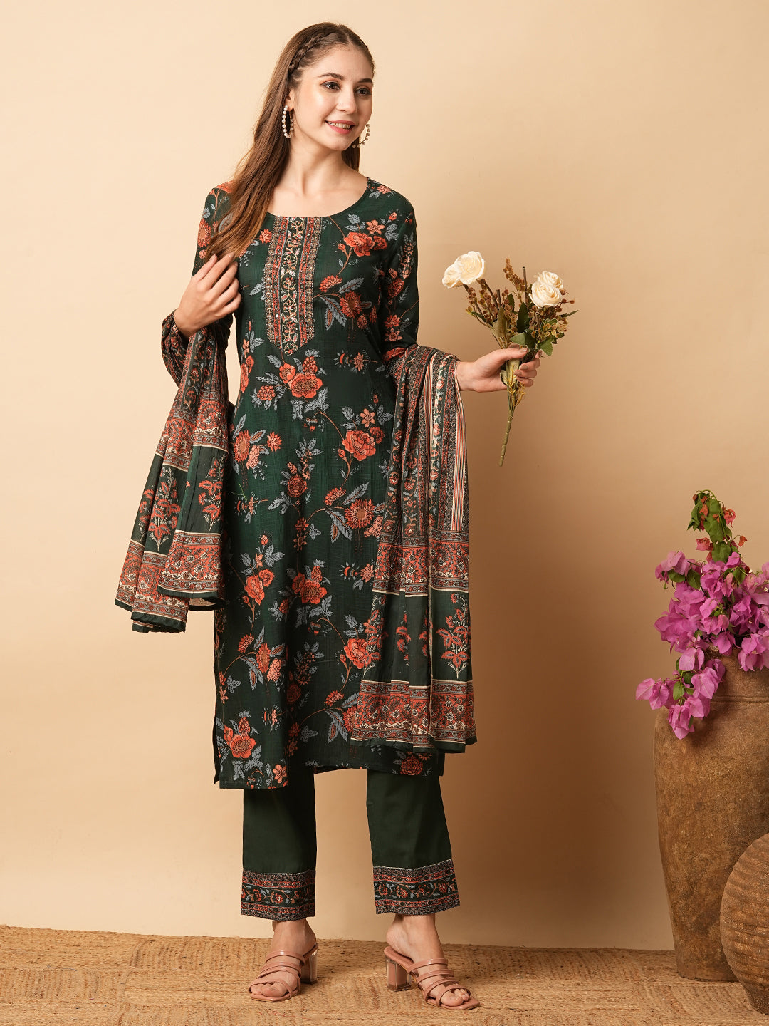 Floral Printed Mirror & Zari Embroidered Kurta with Pants & Dupatta - Green