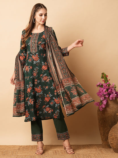 Floral Printed Mirror & Zari Embroidered Kurta with Pants & Dupatta - Green