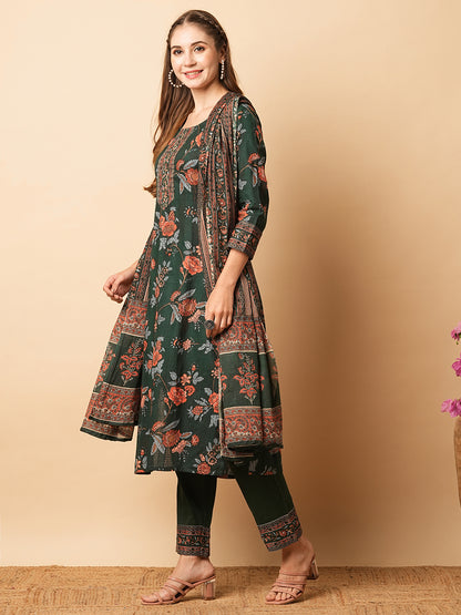 Floral Printed Mirror & Zari Embroidered Kurta with Pants & Dupatta - Green