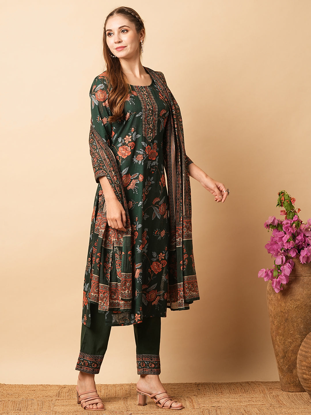 Floral Printed Mirror & Zari Embroidered Kurta with Pants & Dupatta - Green