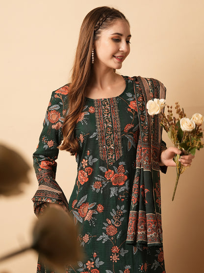 Floral Printed Mirror & Zari Embroidered Kurta with Pants & Dupatta - Green