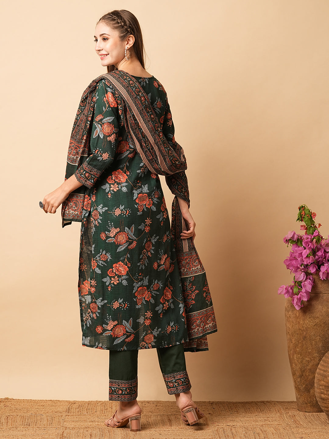 Floral Printed Mirror & Zari Embroidered Kurta with Pants & Dupatta - Green