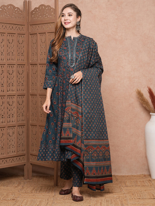 Floral Block Printed Mirror Embroidered A-line Kurta with Pants & Dupatta - Blue